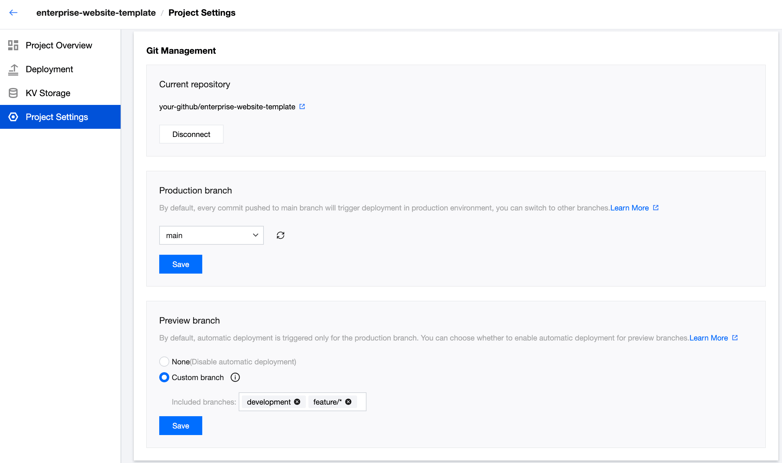 EdgeOne Pages console - Preview branch